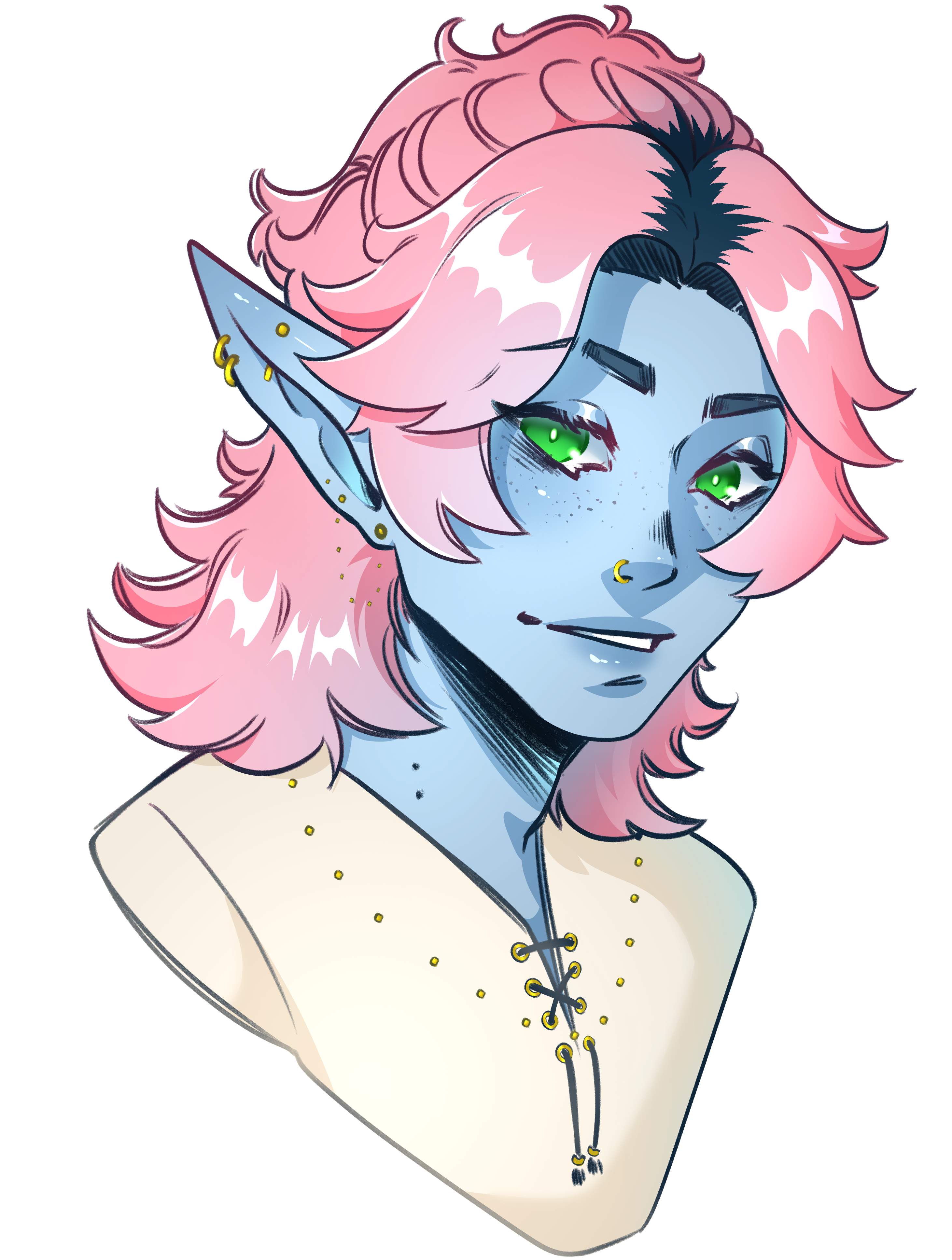 This image is an illustration of a fantasy character with light blue skin, pink hair, and pointed ears. The character has bright green eyes, freckles, and is wearing a light-colored tunic with lace. There's a small golden hoop earring in the ear and a nose piercing.