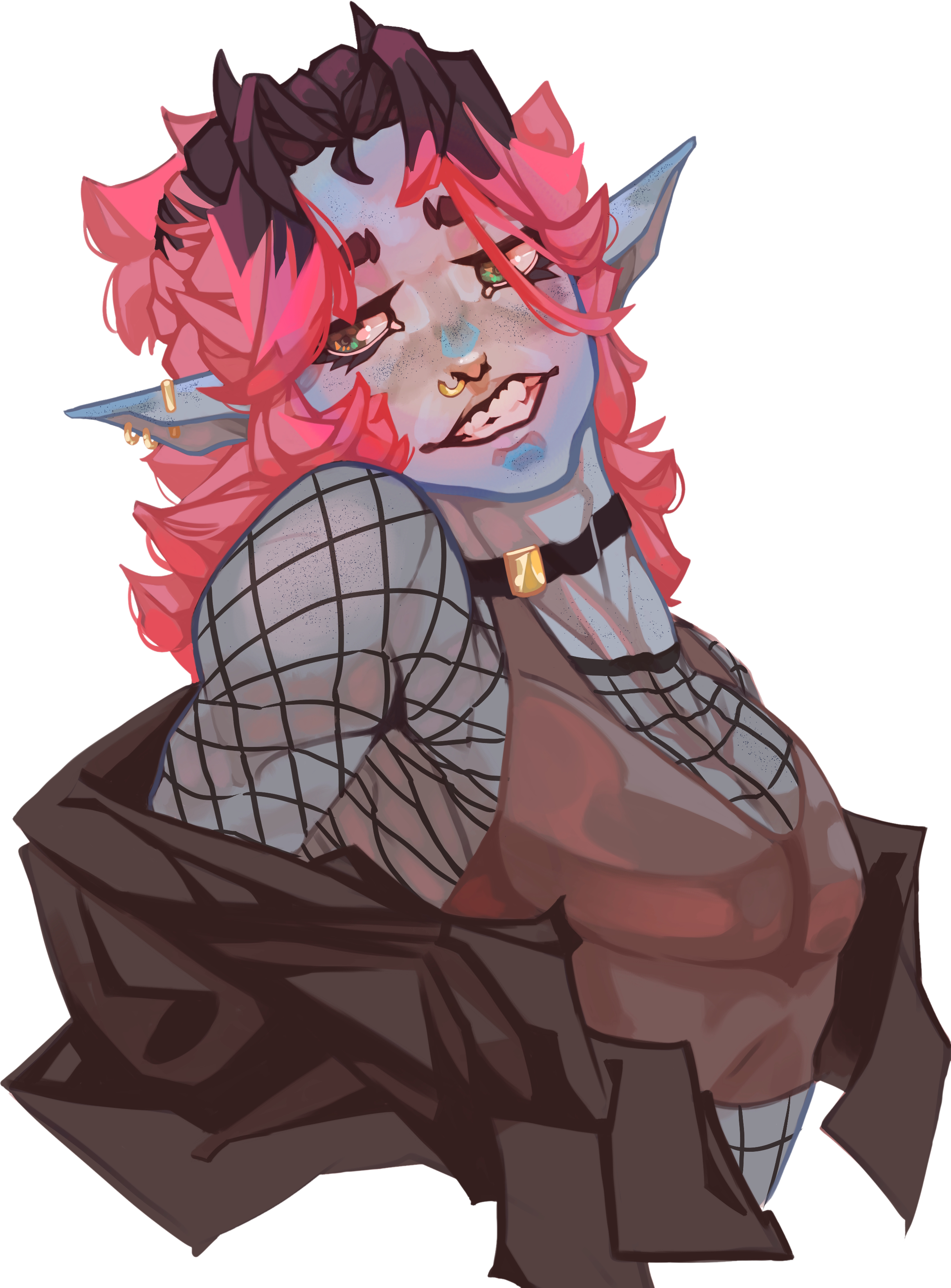 The image is an illustration of a fantasy character with blue skin, pink hair, and pointed ears. The character has a nose ring, and is wearing a black choker and fishnet sleeves. They are smiling, and their attire appears to include a black jacket.